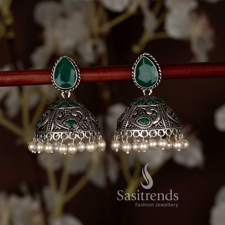 Charming green oxidised peacock motif teardrop stud jhumka earrings with pearl drops, ideal for party ethnic style and Navaratri ethnic vibes by Sasitrends