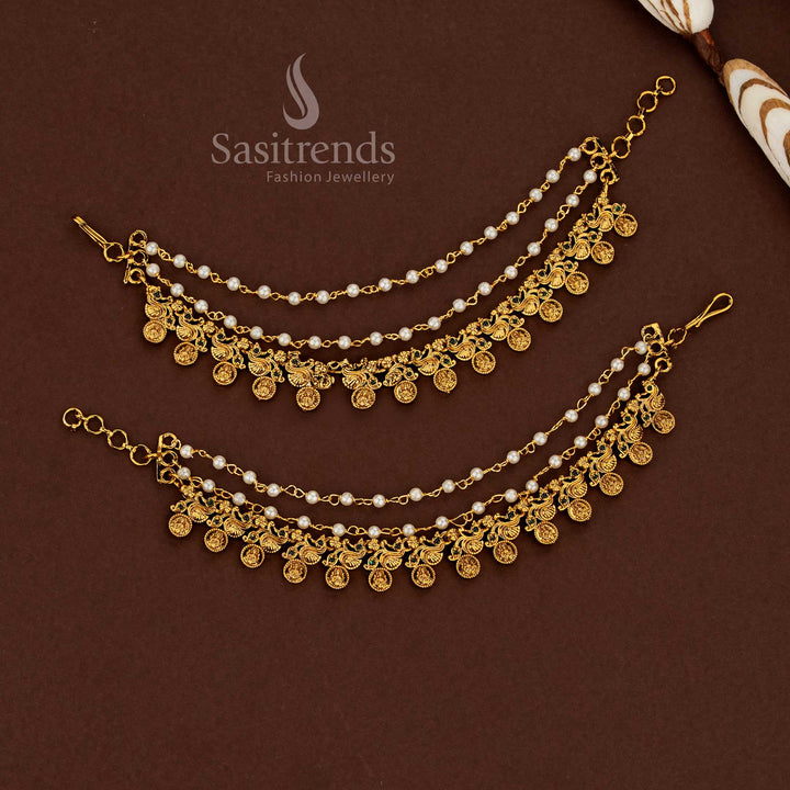 Elegance peacock Lakshmi motif temple gold finish American diamond matil ear chains highlighted by rich green accents and refined pearl touches for ceremonial wear - Sasitrends
