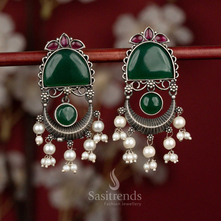 Emerald ruby oxidised silver crescent arch monalisa stone pearl fringe earrings for festive occasions - jewellery - Sasitrends