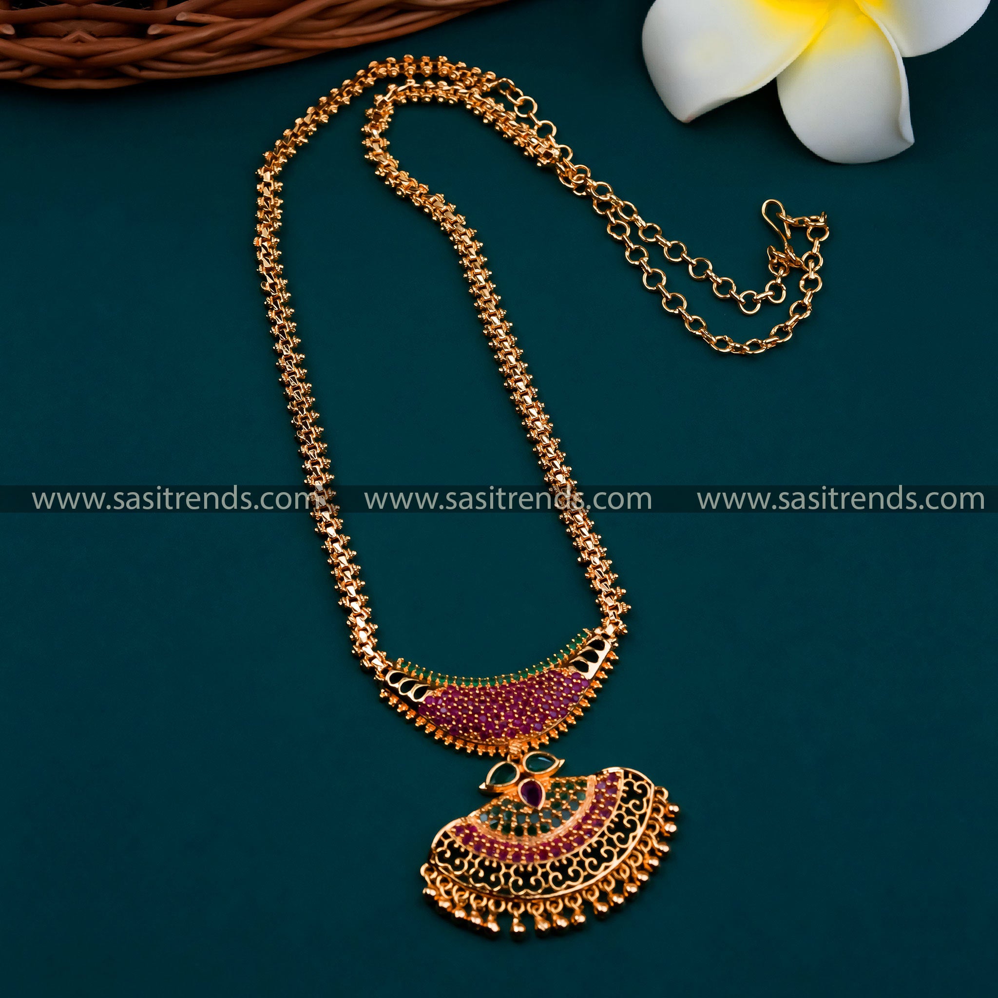 Trendsetting Green-Ruby AD  Pendant Gajiri Chain - Micro Gold Plated for Modern Women