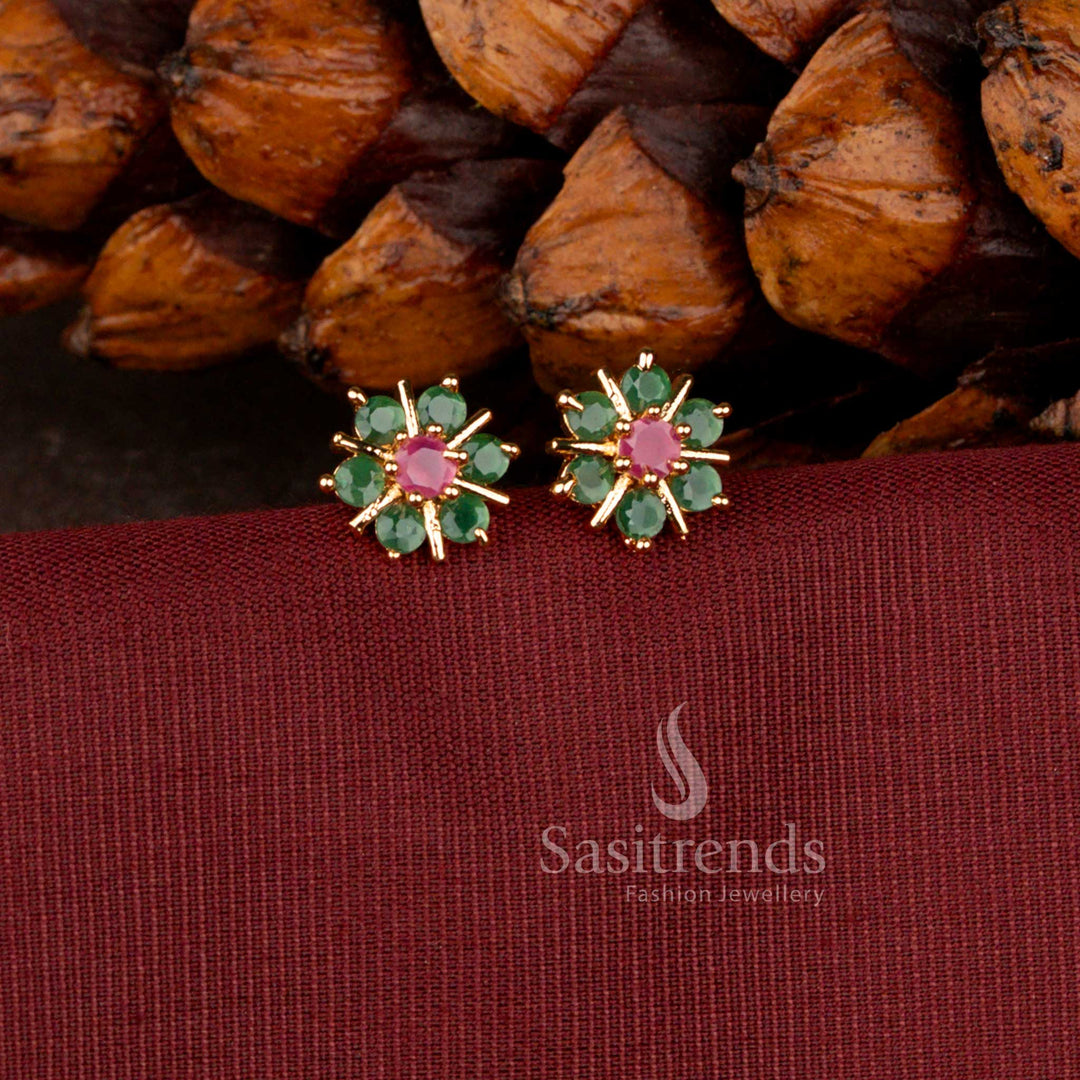 Elegant Green-Ruby Micro Gold Plated AD Stone Flower Stud Earrings with delicate embossed detailing, designed for cultural events, weddings, and festive wear — Sasitrends