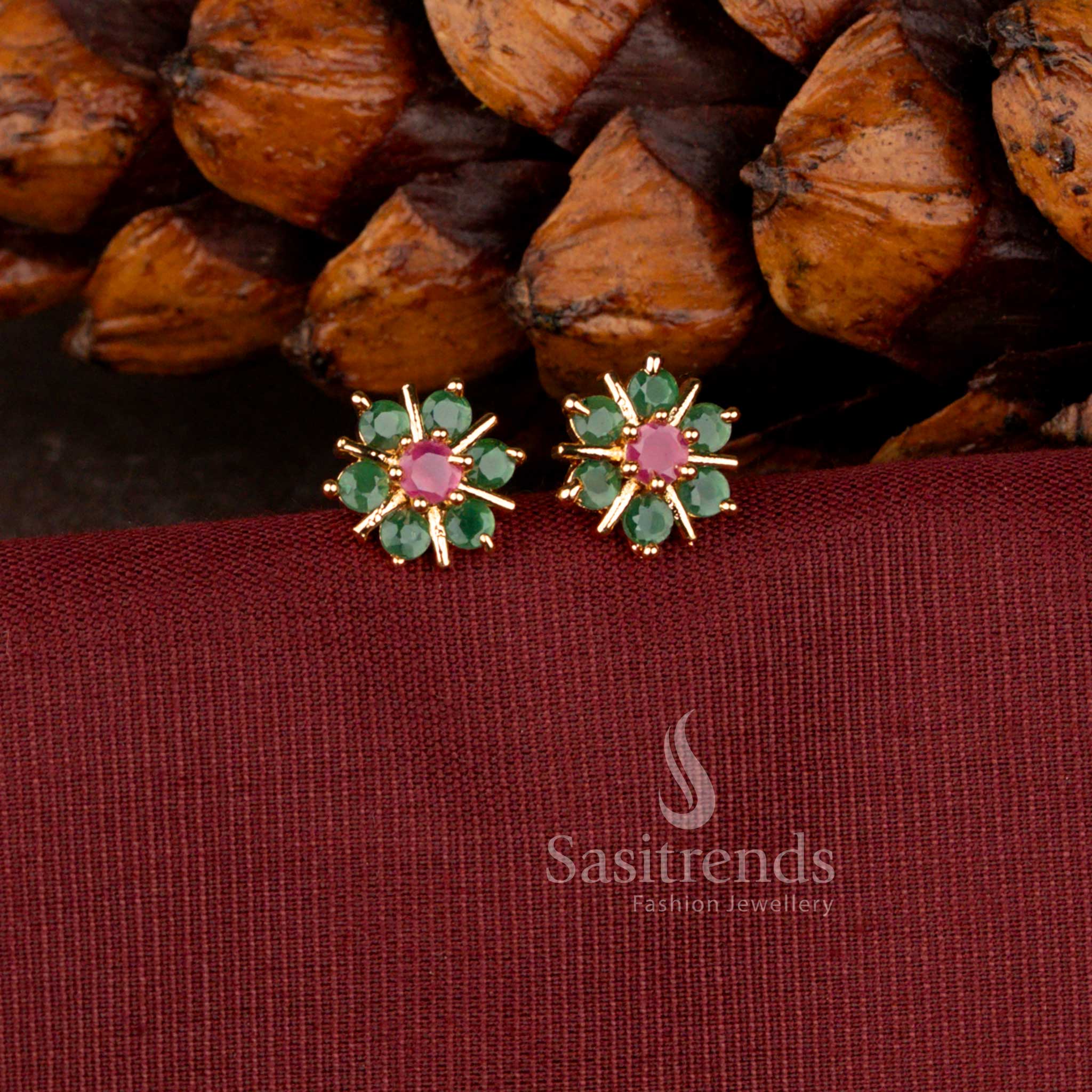 Elegant Green-Ruby Micro Gold Plated AD Stone Flower Stud Earrings with delicate embossed detailing, designed for cultural events, weddings, and festive wear — Sasitrends