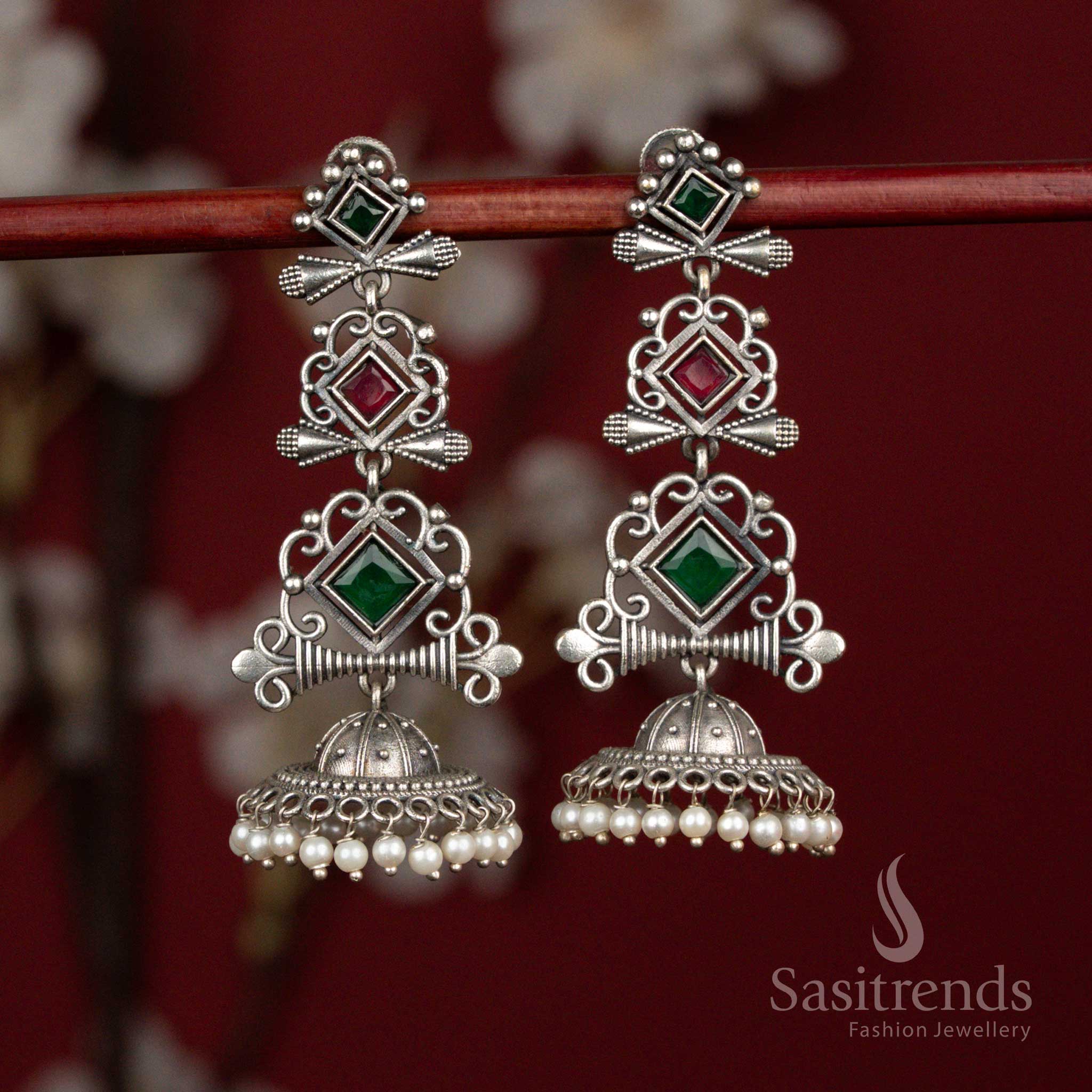Emerald ruby antique oxidised 92.5 silver geometric stone long jhumka earrings with pearl hangings for ethnic wear - jewellery - Sasitrends