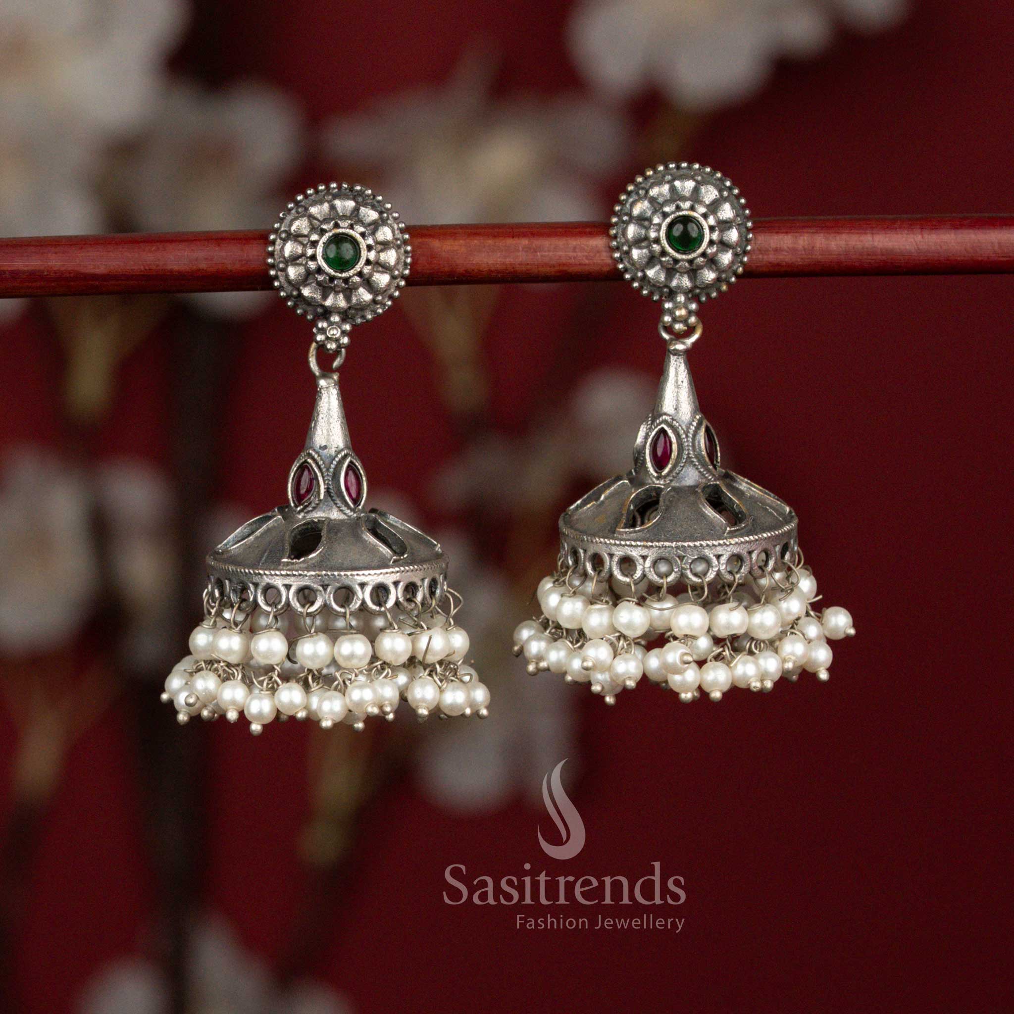 Emerald ruby antique oxidised 92.5 silver round floral bell dome jhumka earrings with pearl hangings for ethnic wear - jewellery - Sasitrends
