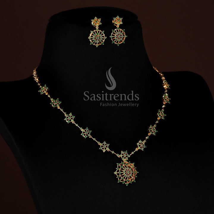 Luxurious Green Traditional Necklace Jewellery Set with Micro Gold Plating and AD Stone Floral Starburst Accents – Sasitrends