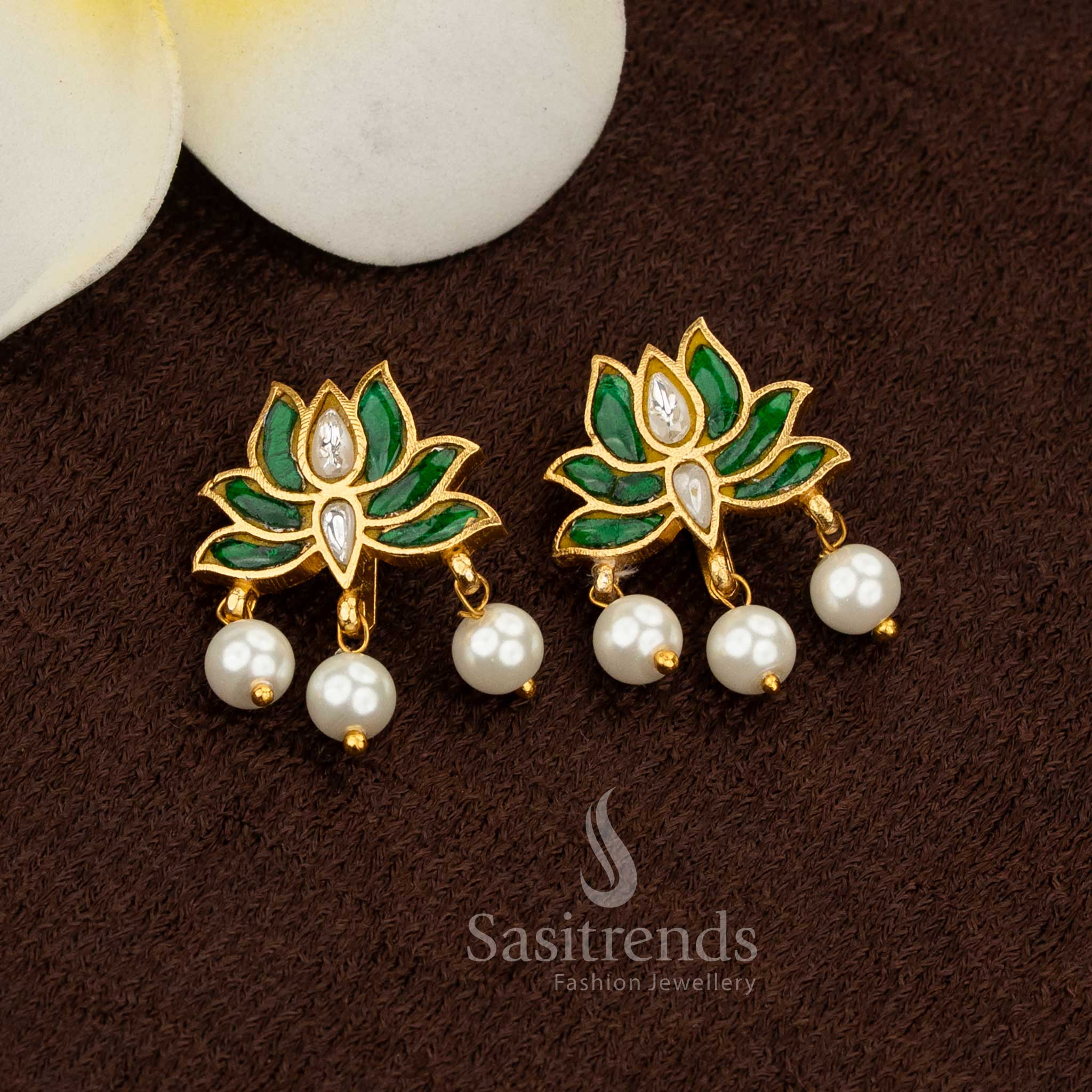 Elegant green white Jadau gold plated lotus Kundan stone pearl bugadi ear cuff earrings ideal for celebrations - Sasitrends