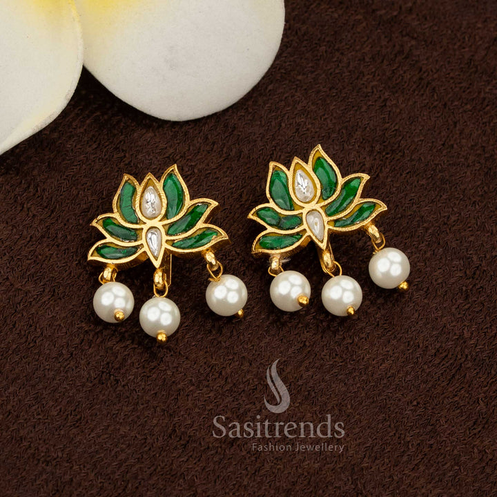 Elegant green white Jadau gold plated lotus Kundan stone pearl bugadi ear cuff earrings ideal for celebrations - Sasitrends