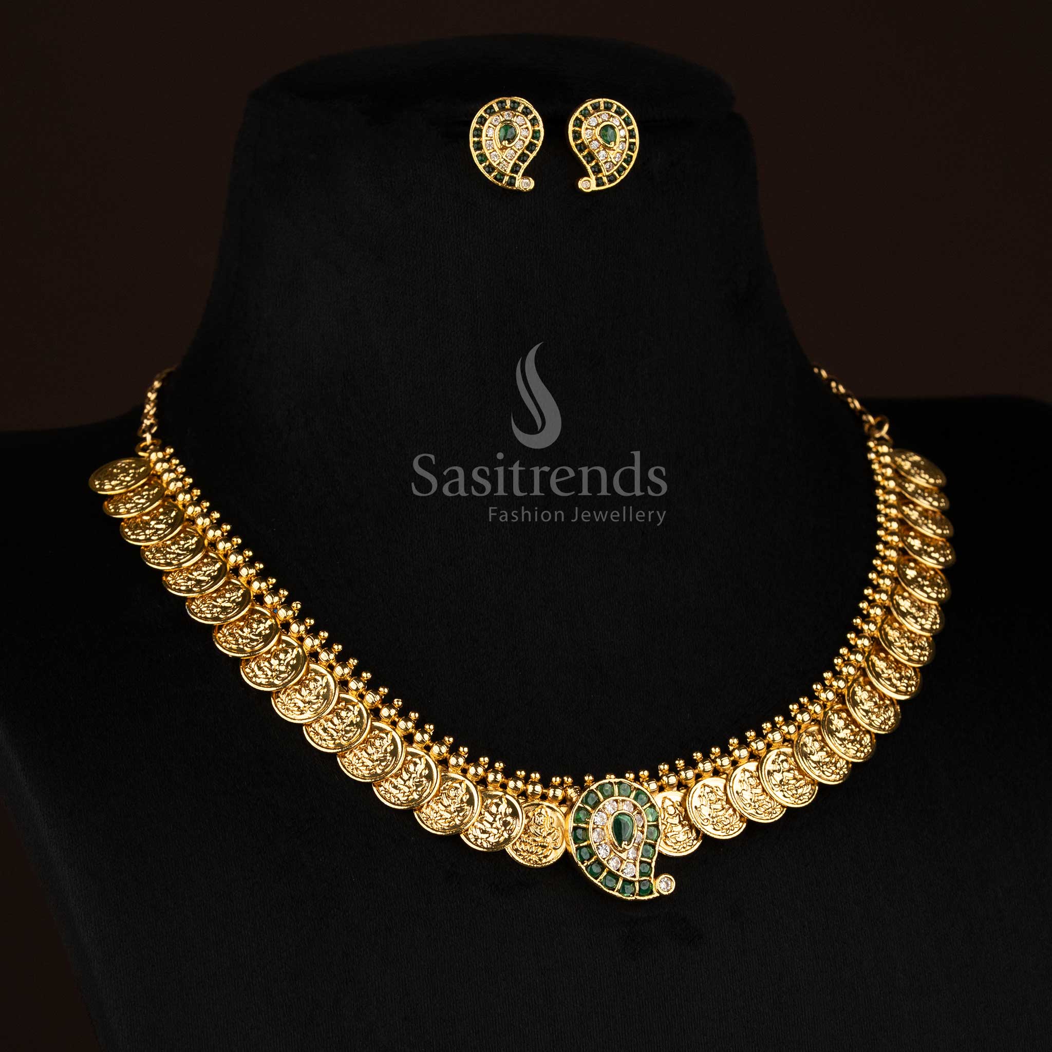 Auspicious green white temple matte gold plated Kemp Lakshmi coin paisley short necklace for pooja events - Sasitrends