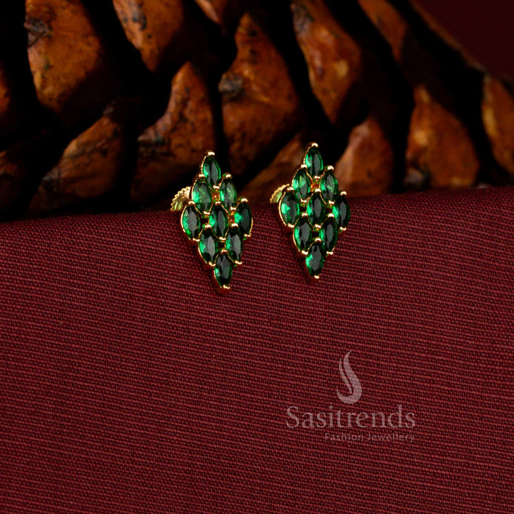 Majestic micro gold earrings in green designed with diamond shape AD silhouette and radiant 24 carat gold lustre – Sasitrends