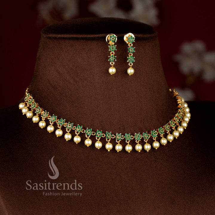 Emerald micro gold plated AD star floral necklace in green with pearl drops, one gram jewellery, 24K shine – Sasitrends
