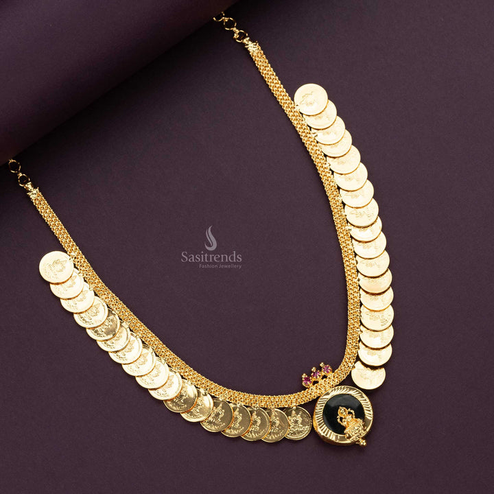 Ethnic one gram micro gold plated necklace with green Palakka round Lakshmi pendant and classic Lakshmi coins, ideal for South Indian heritage style and festive jewellery fashion – Sasitrends