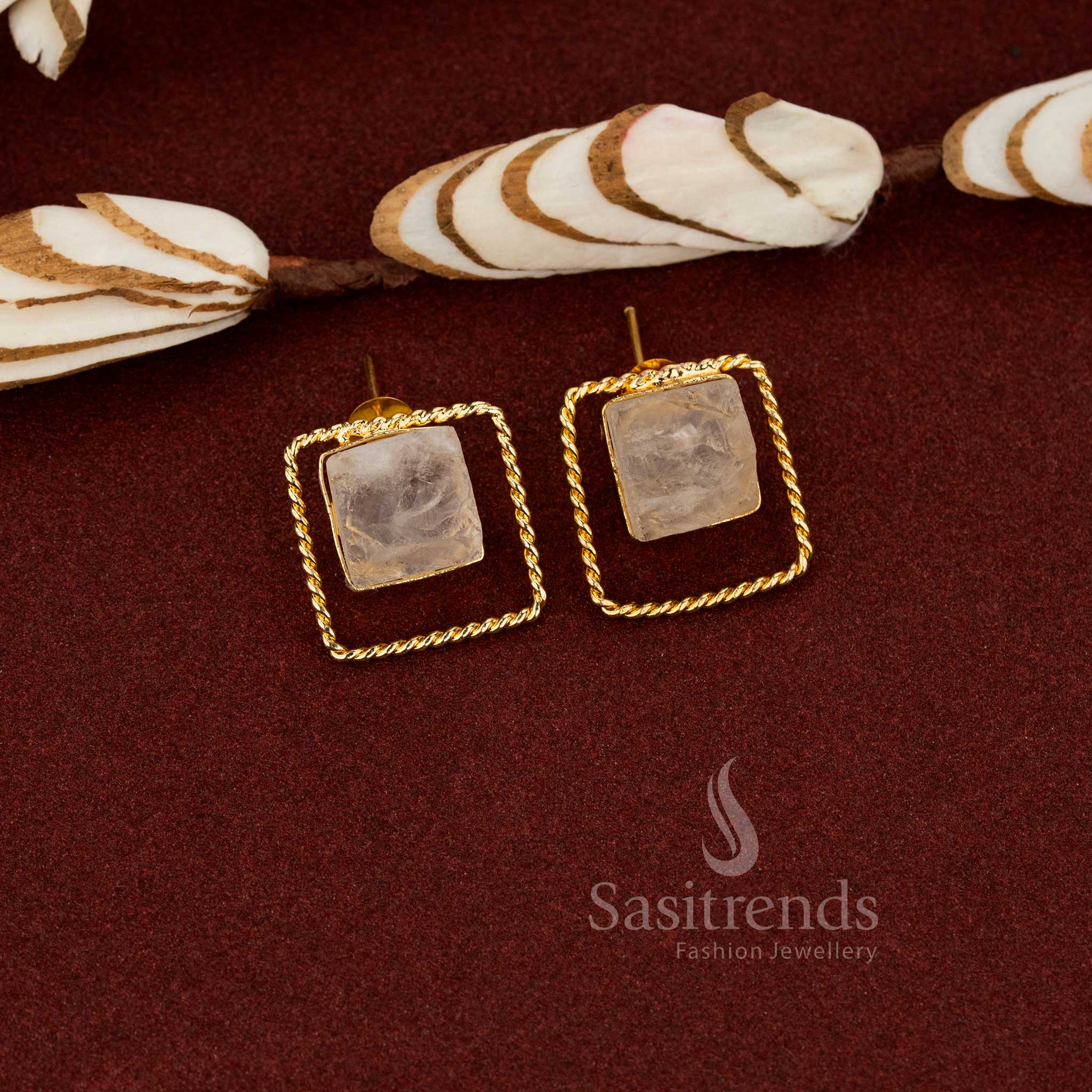 Modern trendy gold plated rope twisted square stud earrings designed for college office and daily wear white - Sasitrends