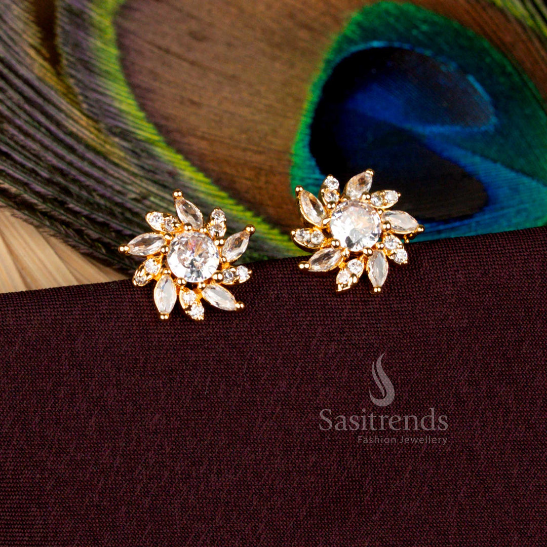 Radiant white floral AD stud earrings in micro gold plated finish with one gram detailing and 24 carat pure gold style crafted for weddings, cultural gatherings, and festive wear - Sasitrends