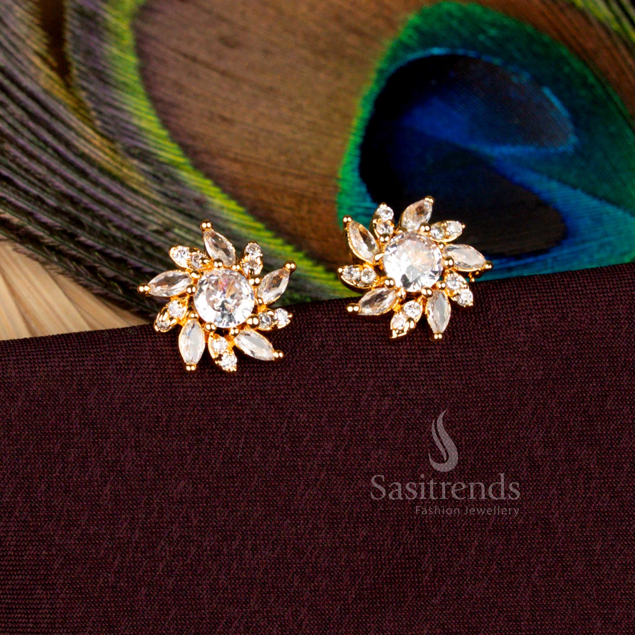 Radiant white floral AD stud earrings in micro gold plated finish with one gram detailing and 24 carat pure gold style crafted for weddings, cultural gatherings, and festive wear - Sasitrends