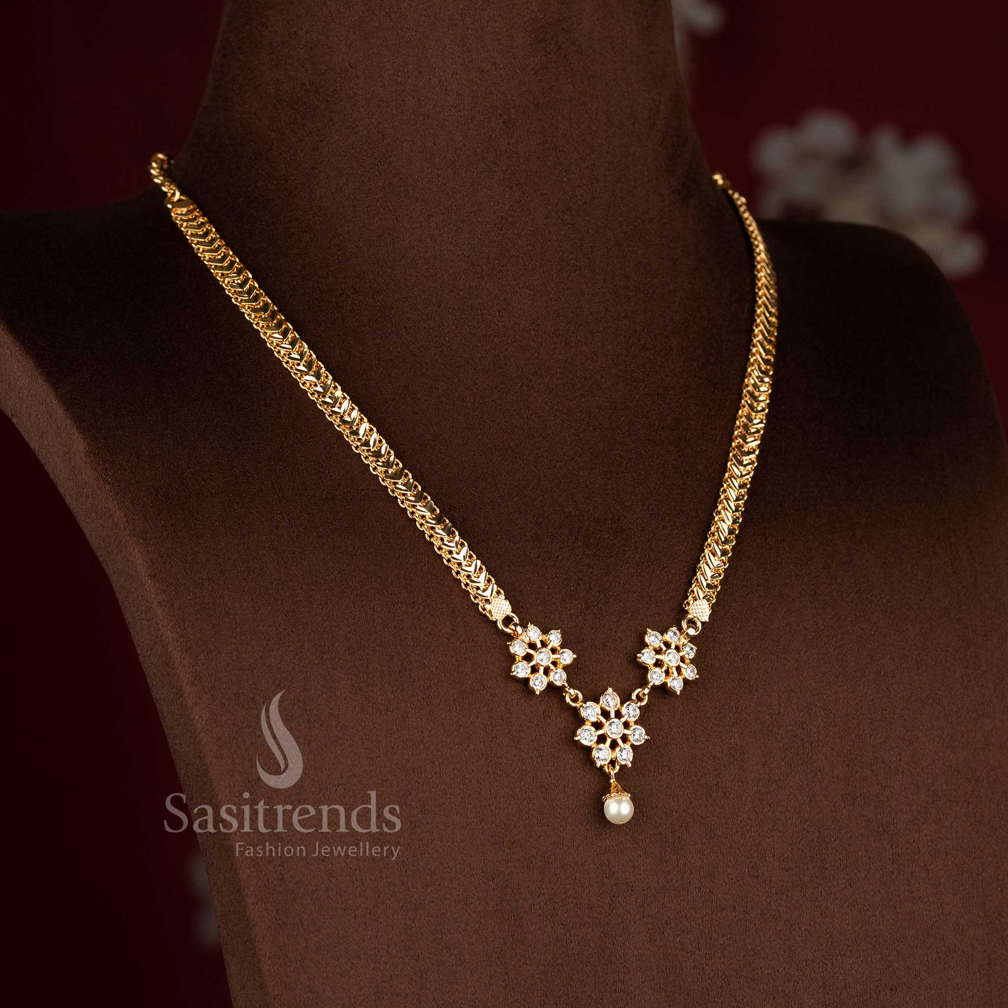 Traditional Impon Addigai Micro Gold Plated floral white AD stone necklace ideal for wedding and traditional ceremonies – Sasitrends