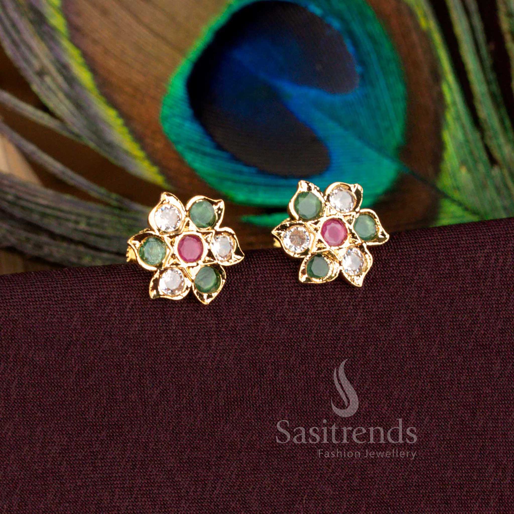 Exquisite Multi Color Impon Addigai One Gram Flower Stud Earrings Micro Gold Plated With AD Stones Screw Back Design – Sasitrends