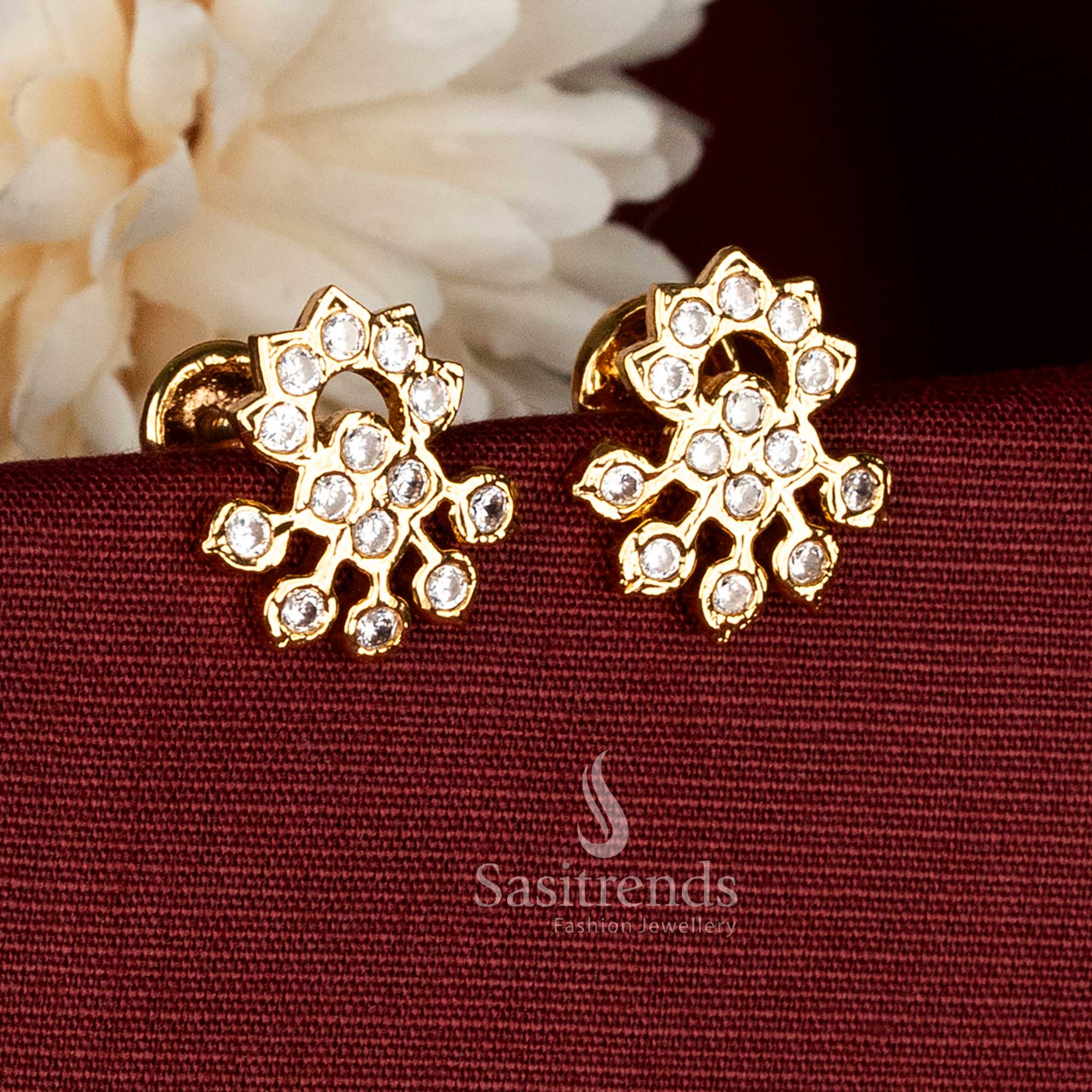 Guaranteed Impon Addigai micro gold plated floral cluster AD stud earrings in white with intricate detailing for elegant traditional wear styling - Sasitrends