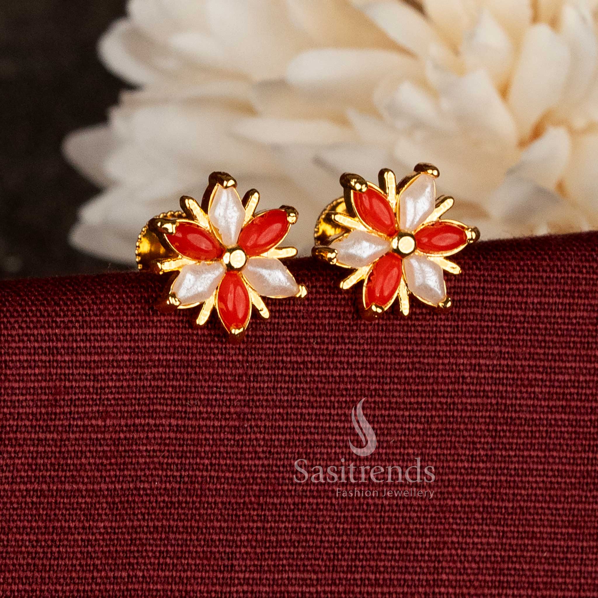 Exquisite micro gold plated AD pearl-pavalam marquise pinwheel floral stud earrings blending dual tones for classical ceremonial and festive styling – Sasitrends