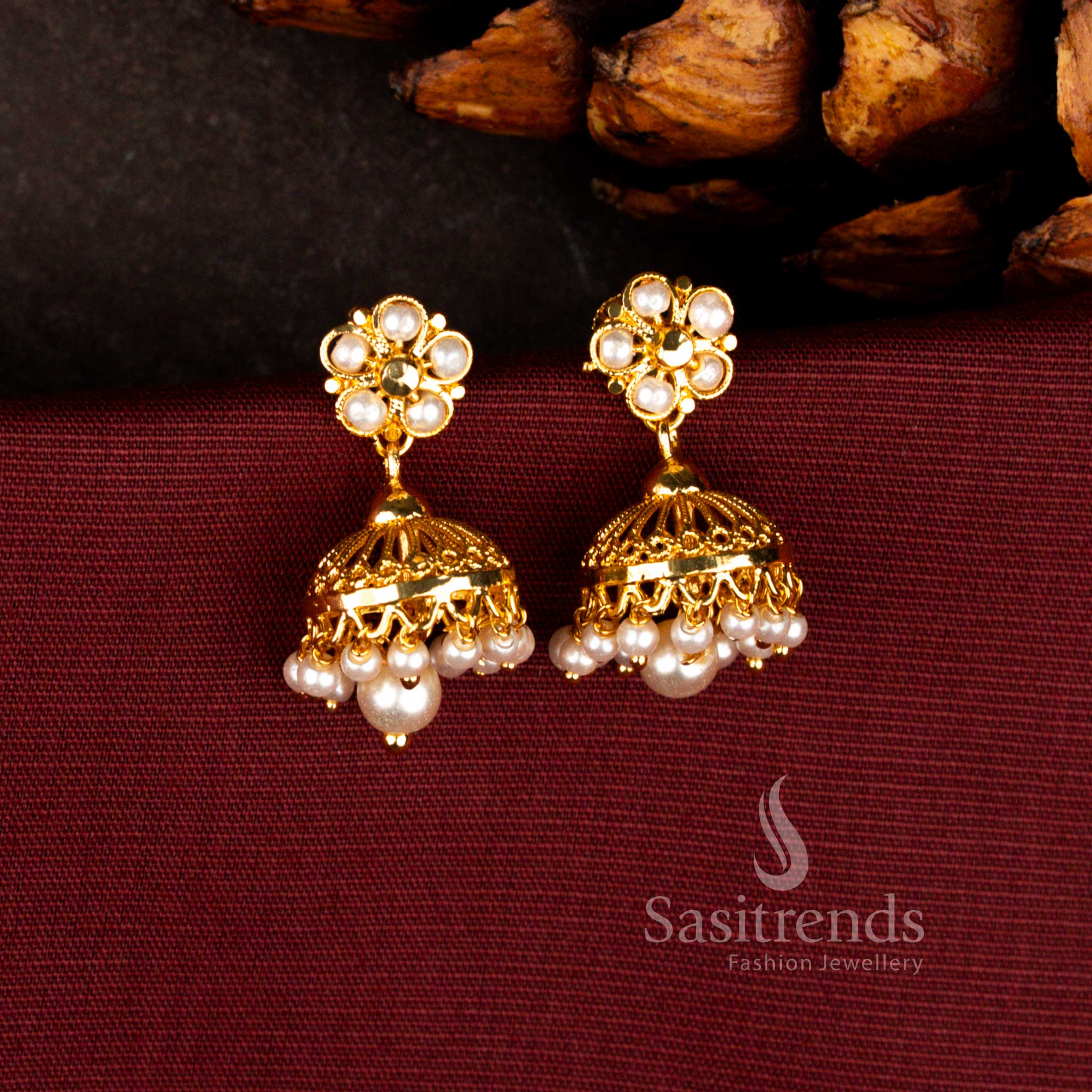 Royal micro gold plated earrings in pearl showcasing carved filigree floral pattern with pavalam stones and layered fringe dome pearl drops – Sasitrends