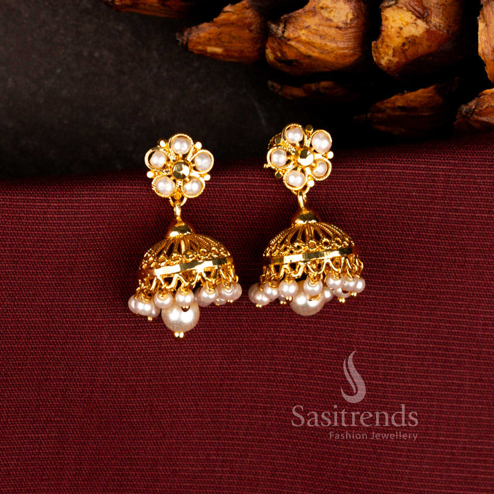 Royal micro gold plated earrings in pearl showcasing carved filigree floral pattern with pavalam stones and layered fringe dome pearl drops – Sasitrends