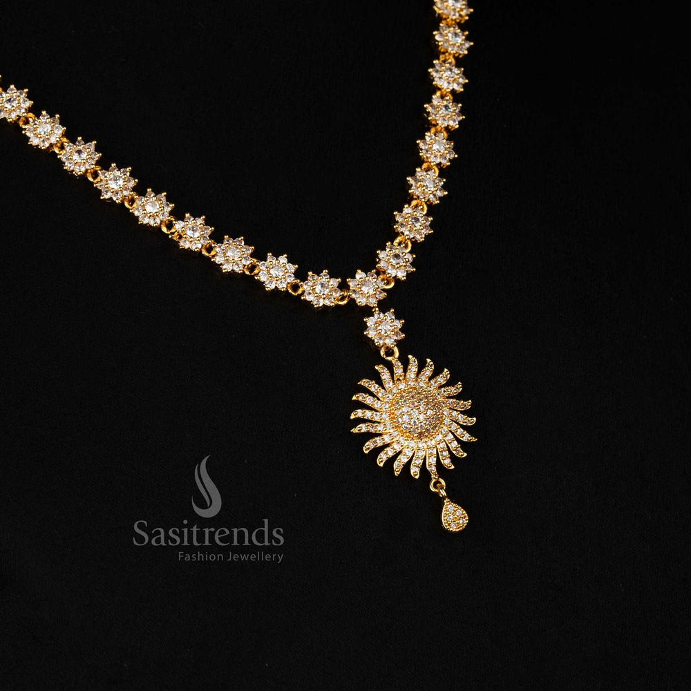 White Stone Micro Gold Plated Floral Necklace Set With Sunburst Motif Pendant And Coordinated Earrings – Festive Traditional Jewellery Set With Graceful Finish – Sasitrends