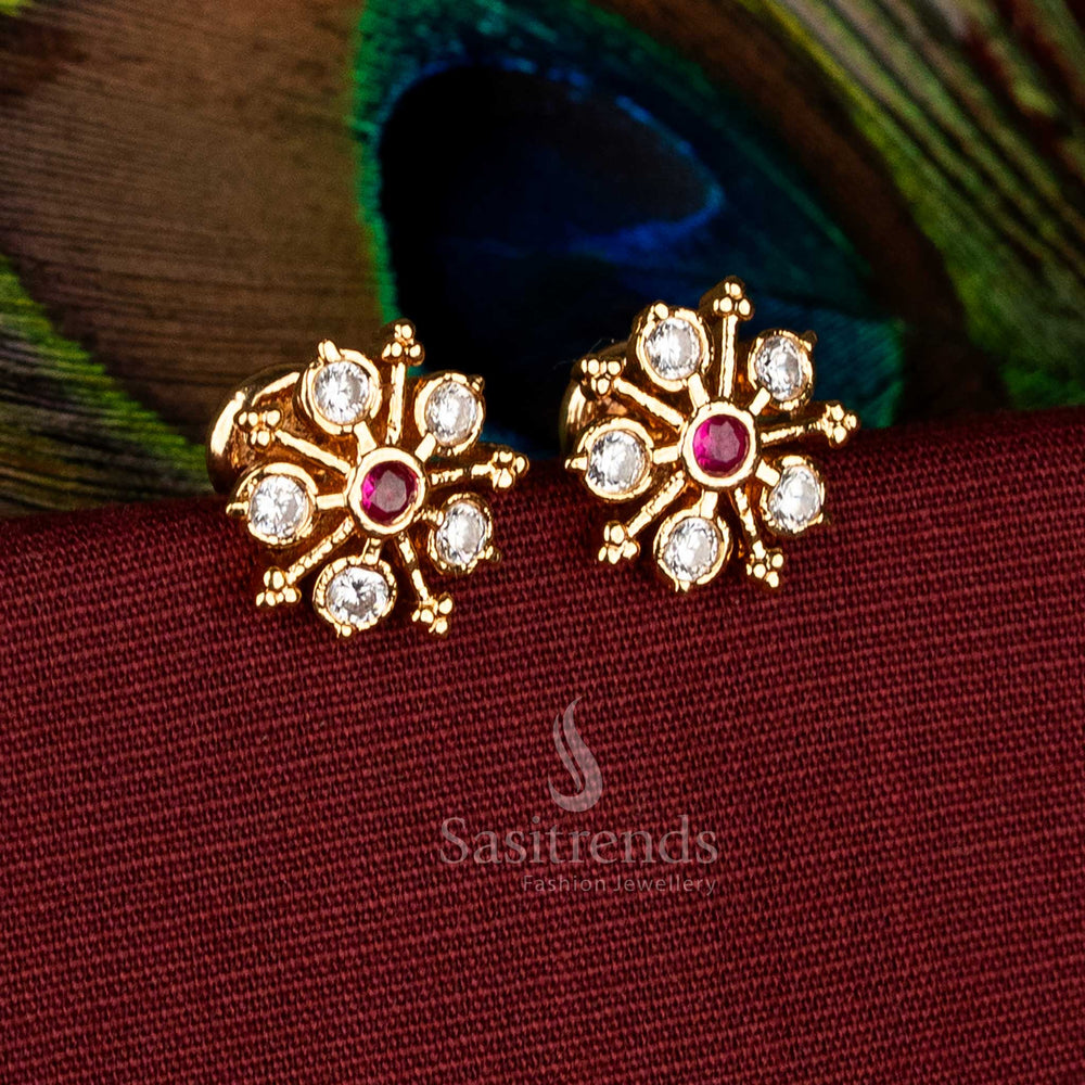 White-ruby dual tone floral cluster AD stone studs with guaranteed micro gold plating crafted for festive and cultural jewellery styling – Sasitrends