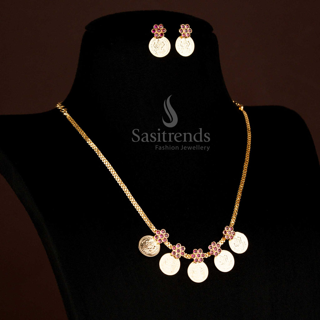 Majestic micro gold plated Lakshmi coin necklace with earrings designed for Kerala occasion wear with traditional grandeur - Sasitrends