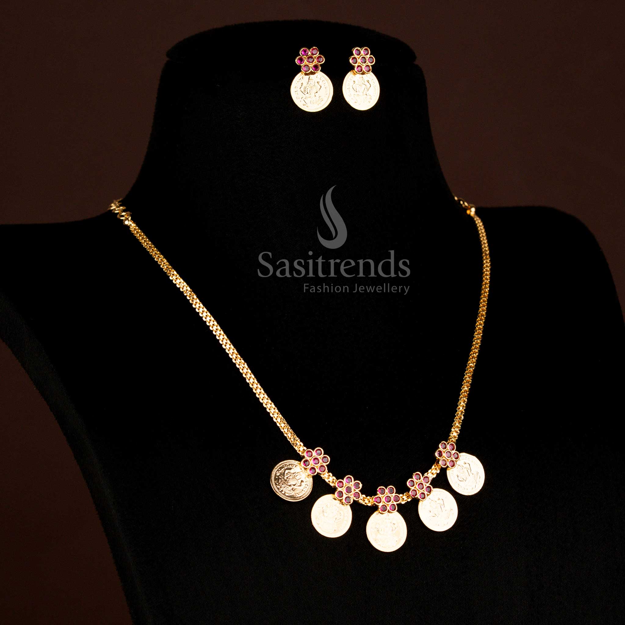 Majestic micro gold plated Lakshmi coin necklace with earrings designed for Kerala occasion wear with traditional grandeur - Sasitrends