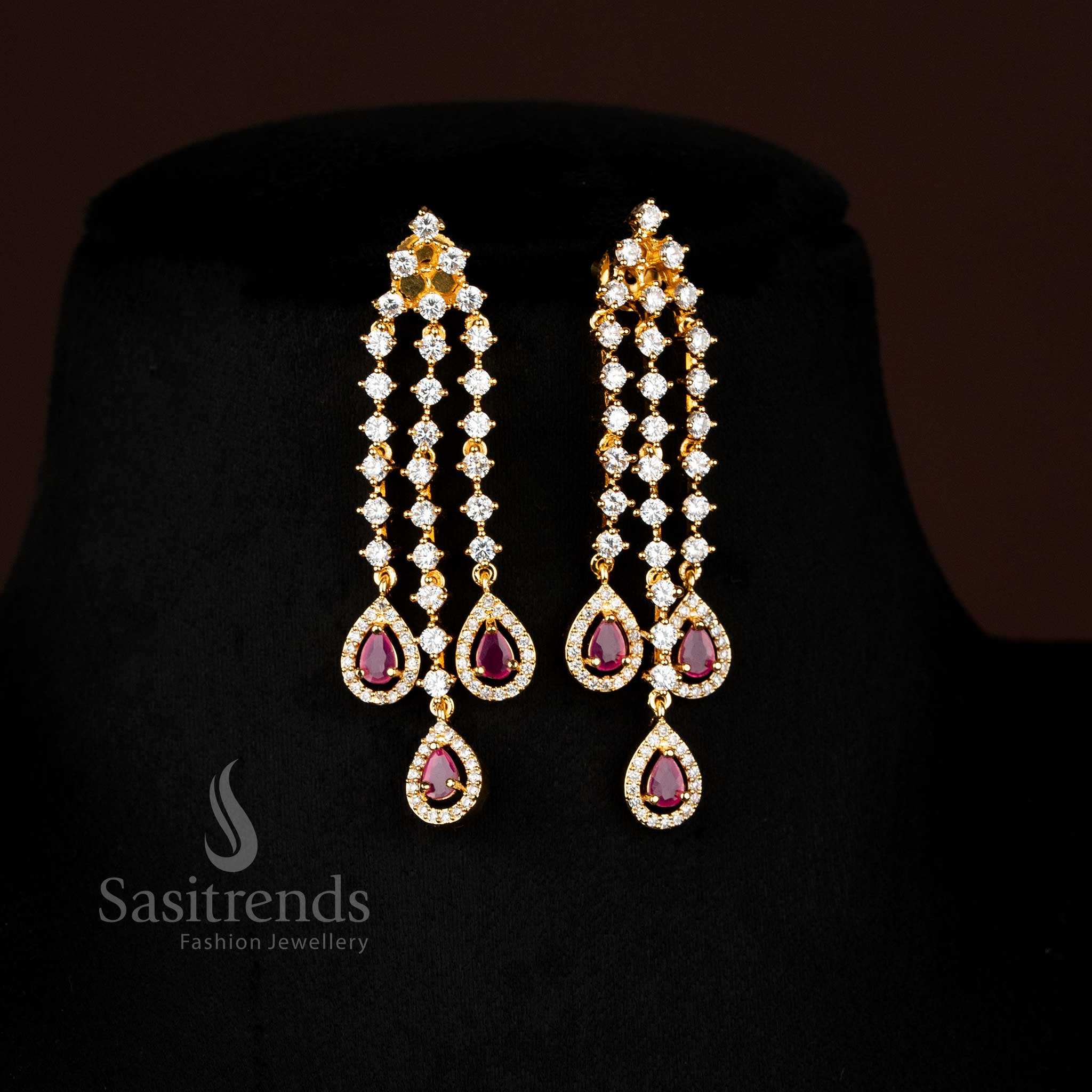 Dazzling white-ruby American diamond earrings jewellery set with teardrop design and micro gold coating for elegant parties – Sasitrends