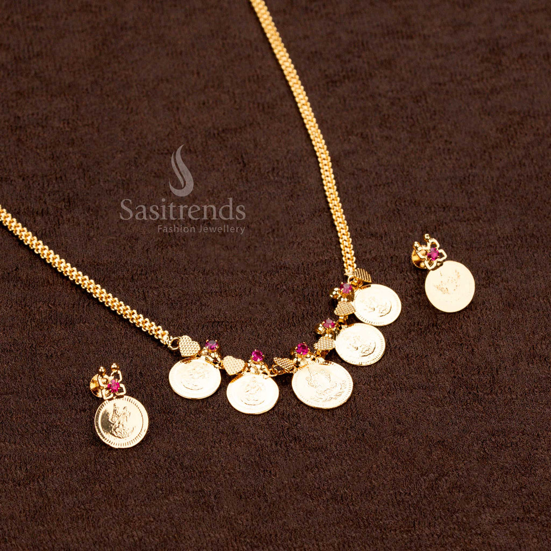 Micro Gold Plated Lakshmi Coin Necklace and Earrings One Gram Jewellery, Large Central Coin, Temple Wear – Sasitrends