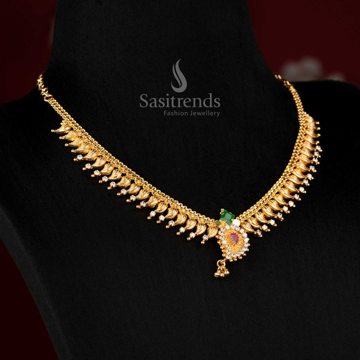 Vibrant micro gold plated multicolor leaf fringe necklace with AD stone highlights and hanging drops, ideal for receptions – Sasitrends