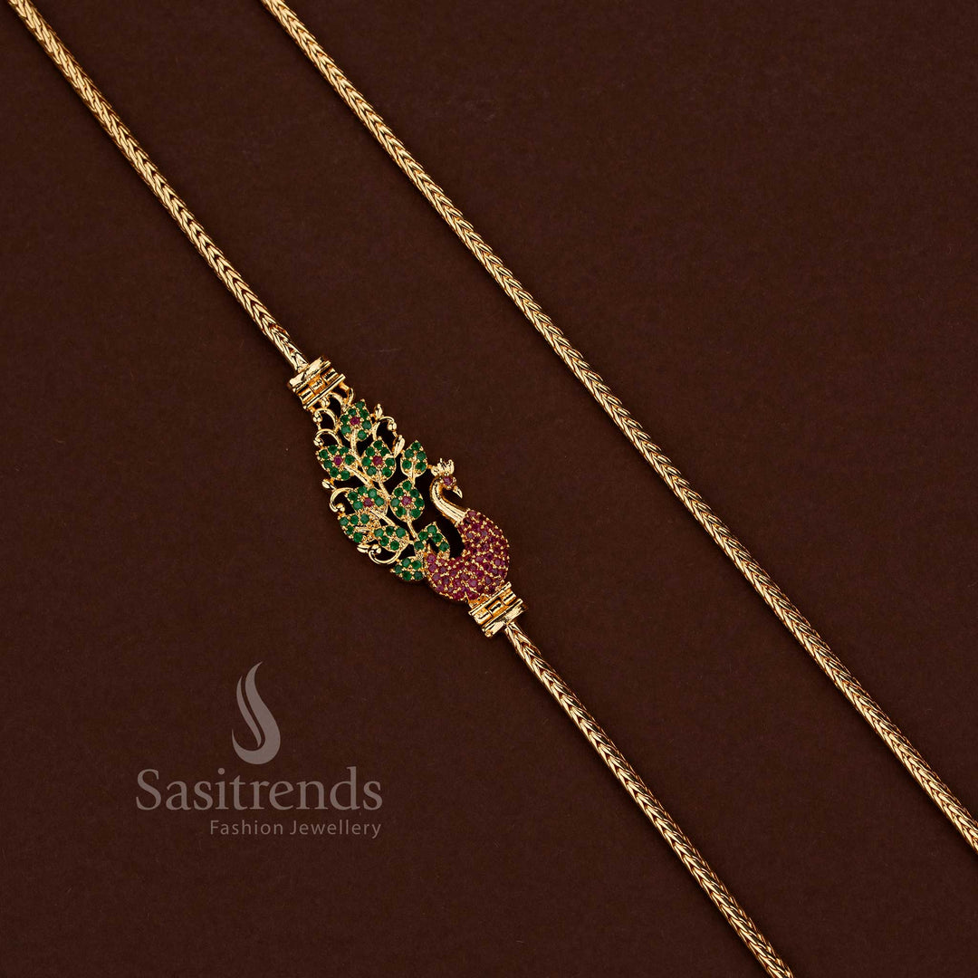 Elegant micro gold plated ruby green peacock floral 24 inch mugappu chain with multi color AD stones - Sasitrends