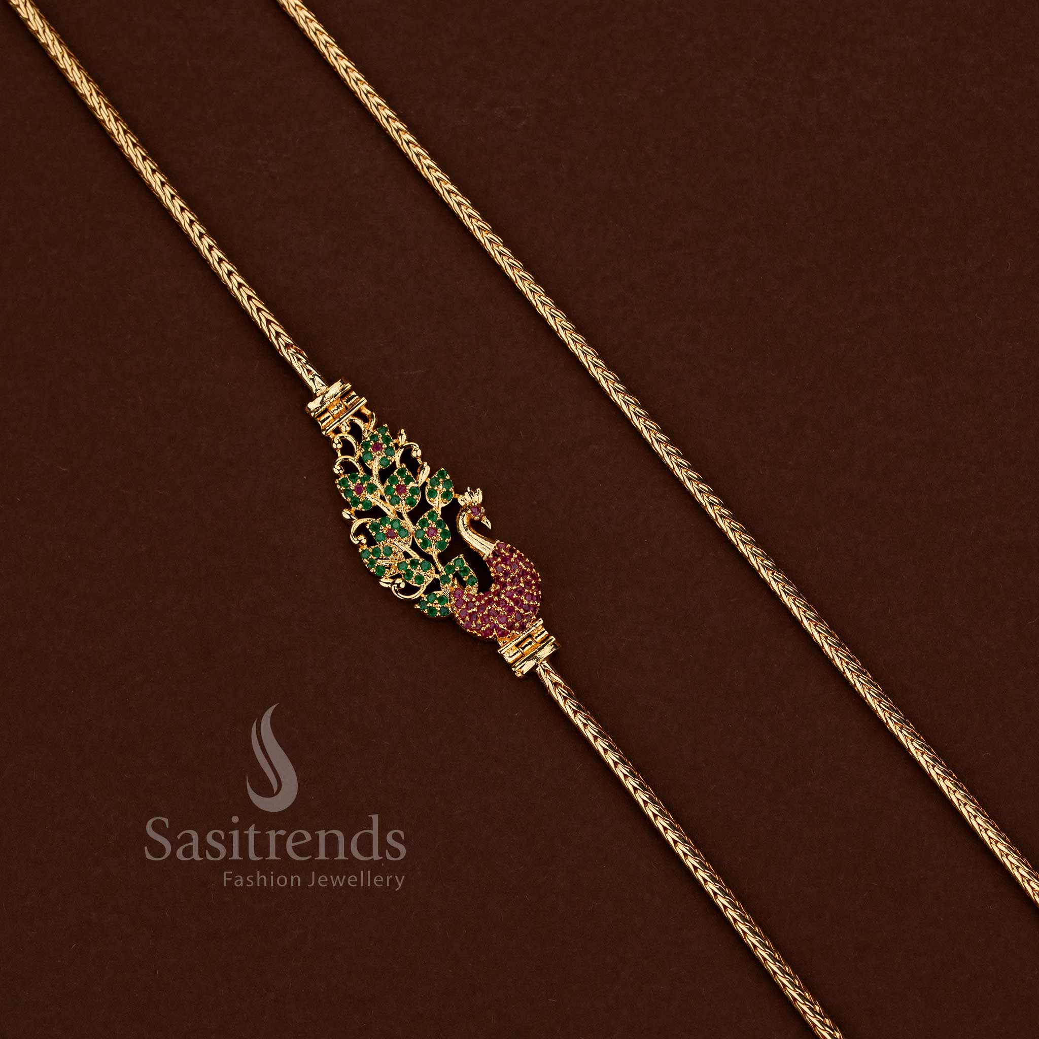 Elegant micro gold plated ruby green peacock floral 24 inch mugappu chain with multi color AD stones - Sasitrends