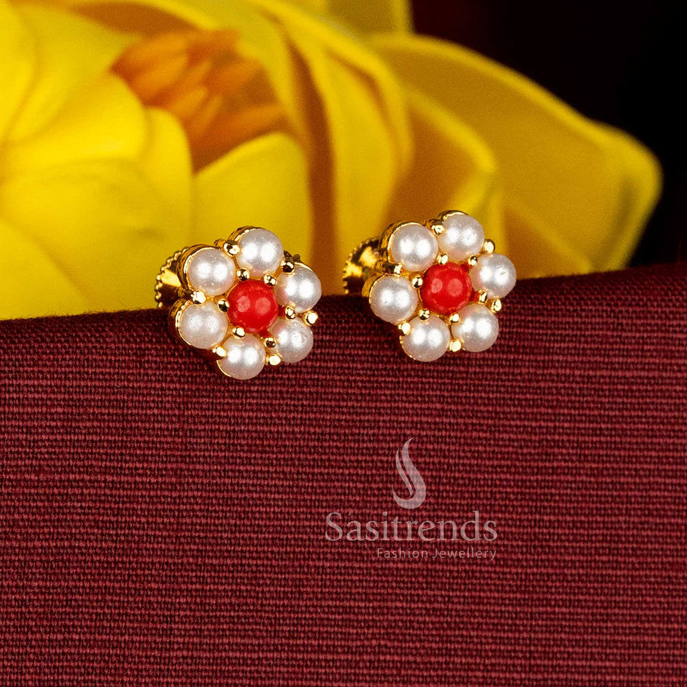 One gram assured micro gold plated AD floral stud earrings blending pearl and pavalam tones for a stylish dual-colour finish perfect for cultural looks – Sasitrends