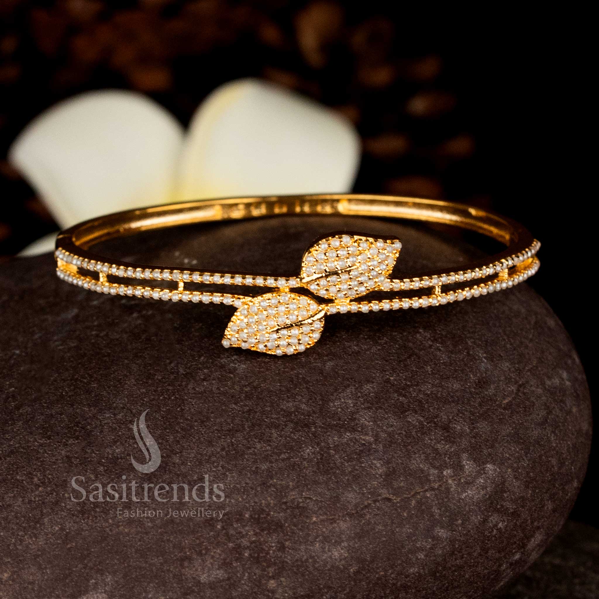 Elegant pearl glow micro gold plated leaf openable bracelet bangle perfect for celebrations and stylish party wear – Sasitrends