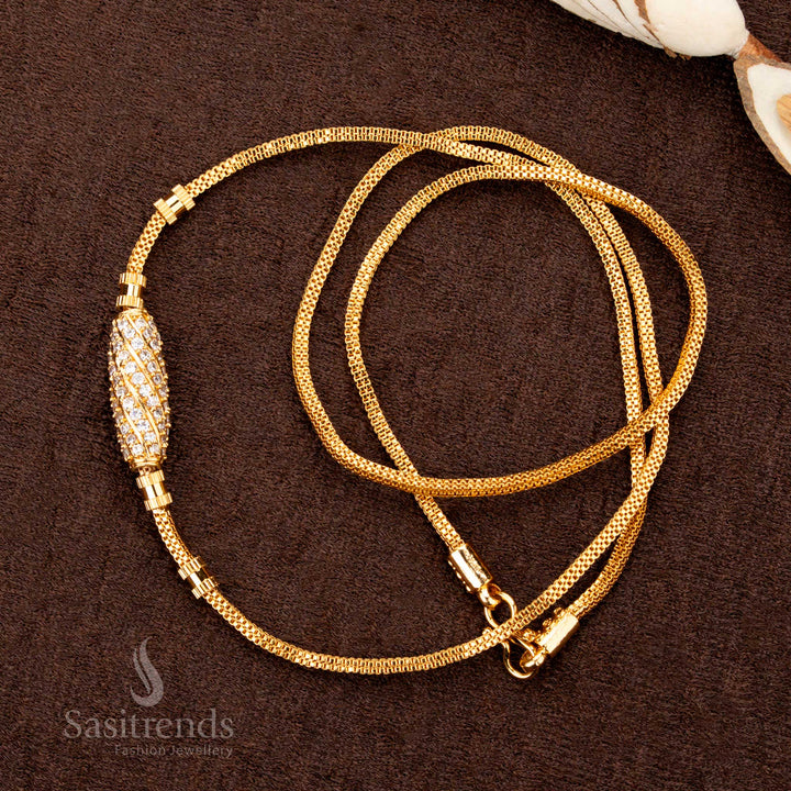 Stylish One Gram Guaranteed Micro Gold Plated Traditional Wear Mugappu Chain with Oval AD Stone Centerpiece – Perfect for Sarees - Sasitrends