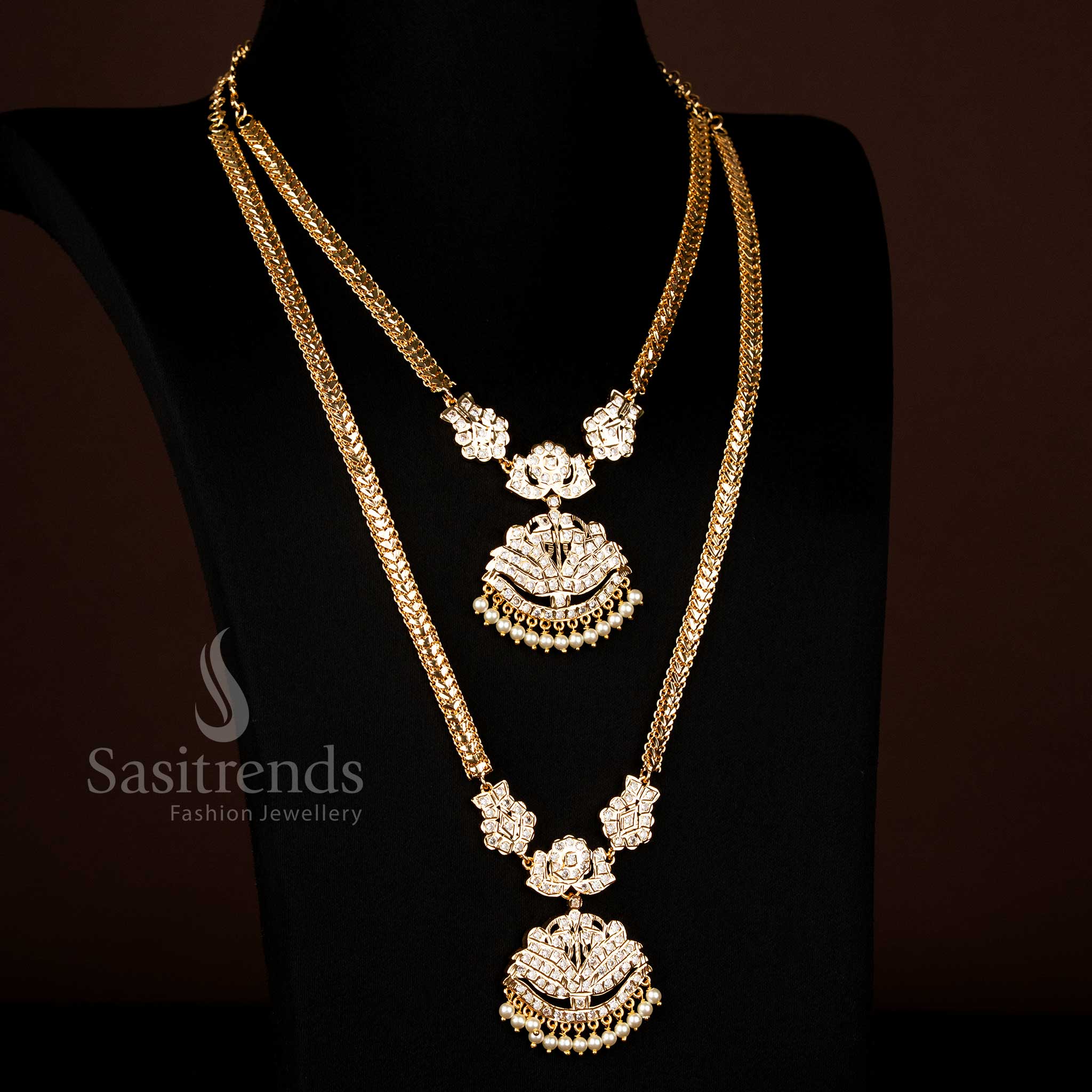 Traditional one gram micro gold Impon Lotus Padakam necklace combo long short with white stone details for ethnic occasions - Sasitrends