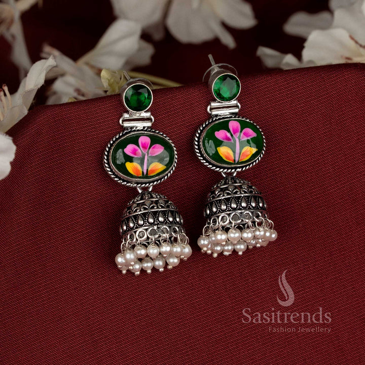 Amazing Hand-Painted Monalisa Oval Stone Oxidised Jhumka Earrings for Navaratri and Festive Celebration Style