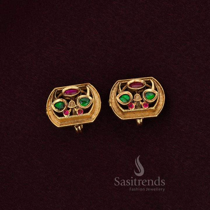24K Gold Plated Jadau Bugadi Earrings – Heritage Square Design with Kundan Stones
