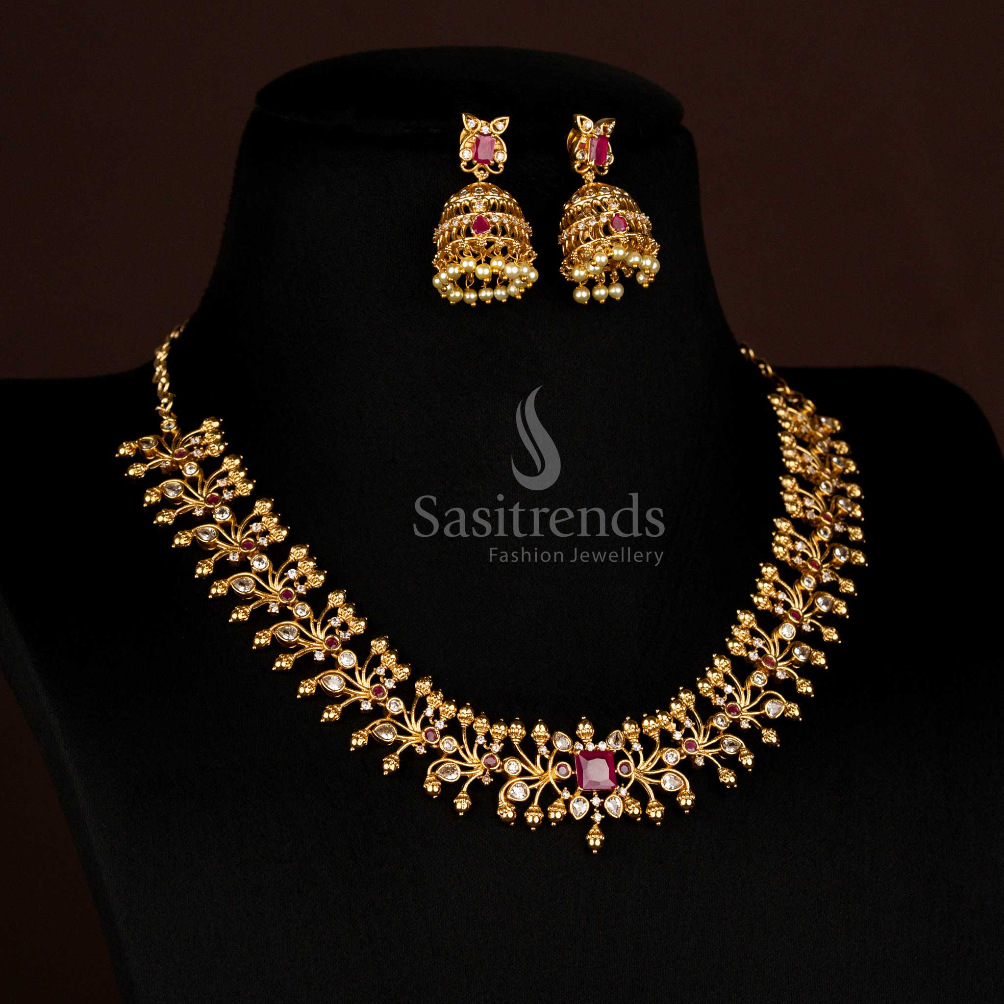 Matte Gold Plated Multi Stone Floral Choker Necklace Set With Designer Pearl Jhumkas Created For Opulent Wedding Style - Sasitrends