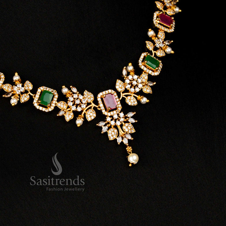 Ethnic South Indian Matte Gold Plated Floral AD Stone Necklace Set With Pearls Jewellery – Sasitrends