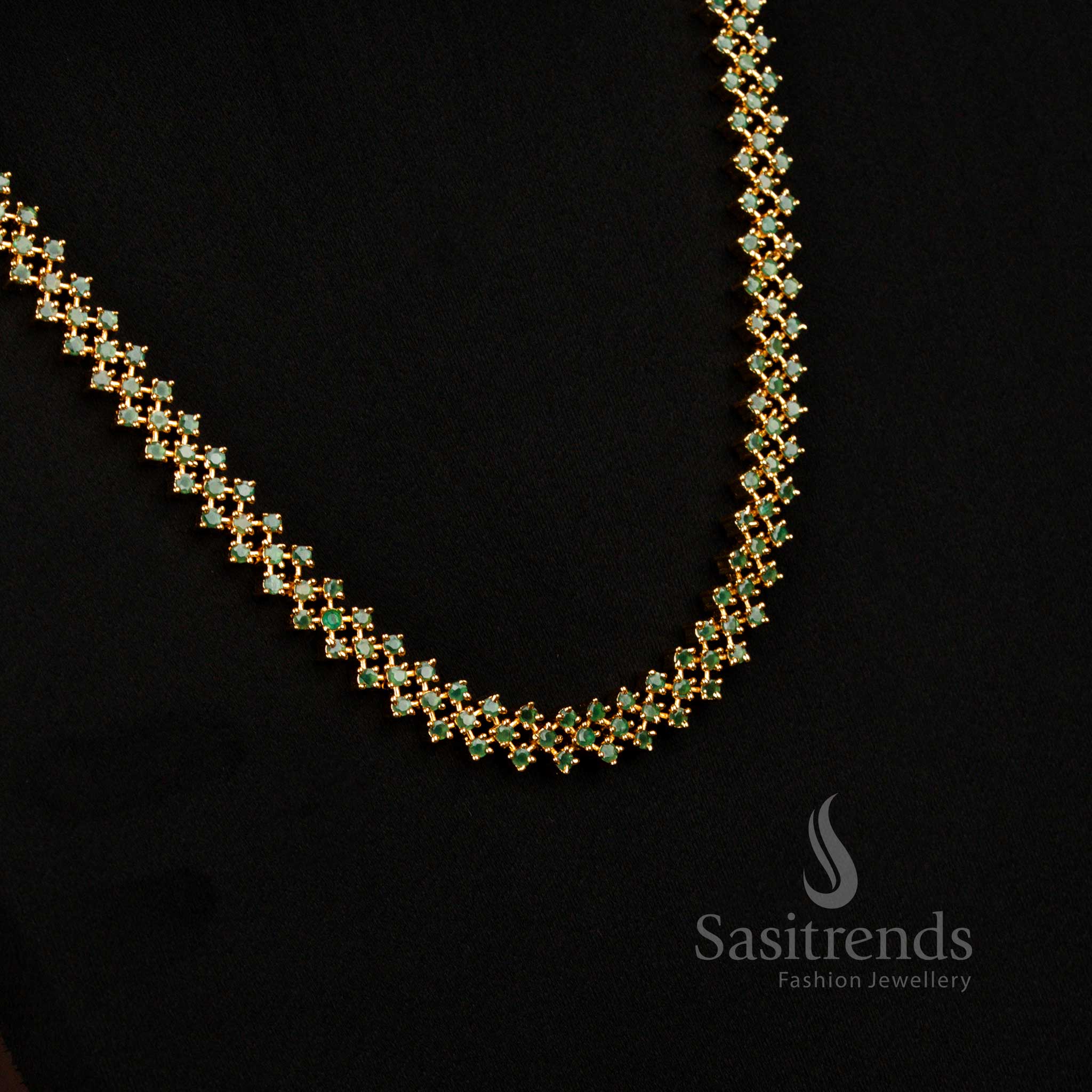Traditional Micro Gold Plated Green American Diamond Jewellery Set In Geometric Cluster Pattern Created For Cultural And Party Occasions - Sasitrends