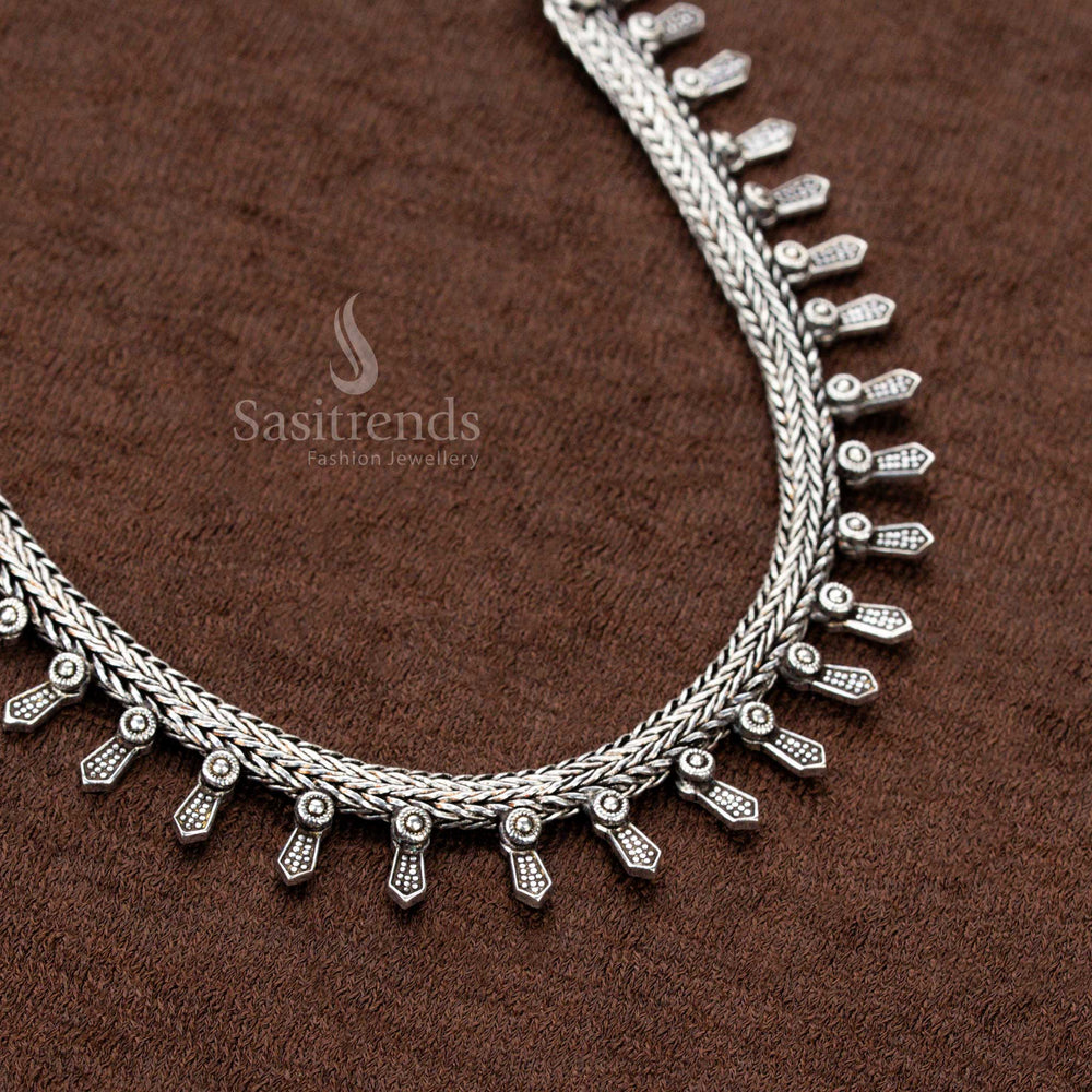Handcrafted oxidised German silver tribal drop design necklace with intricate detailing, perfect for sarees, Navaratri celebrations - Sasitrends