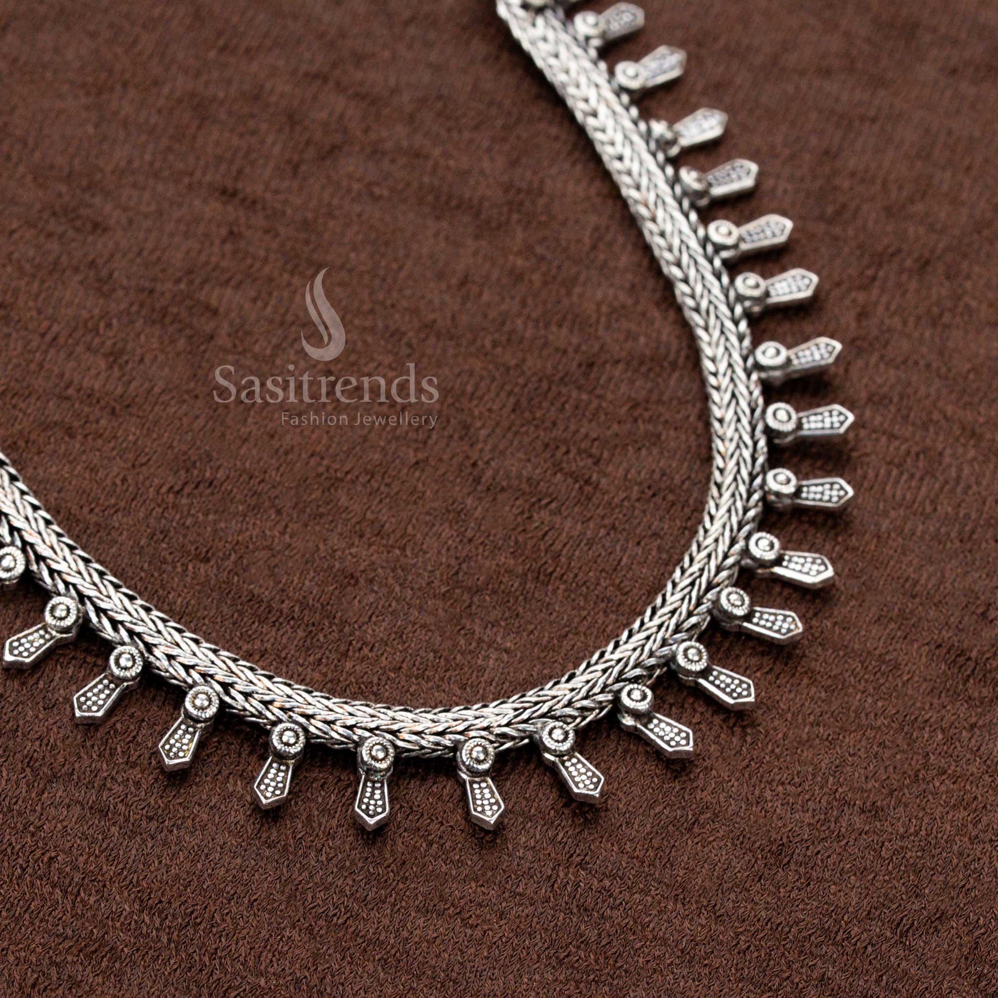 Handcrafted oxidised German silver tribal drop design necklace with intricate detailing, perfect for sarees, Navaratri celebrations - Sasitrends