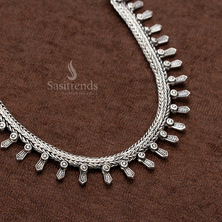 Handcrafted oxidised German silver tribal drop design necklace with intricate detailing, perfect for sarees, Navaratri celebrations - Sasitrends