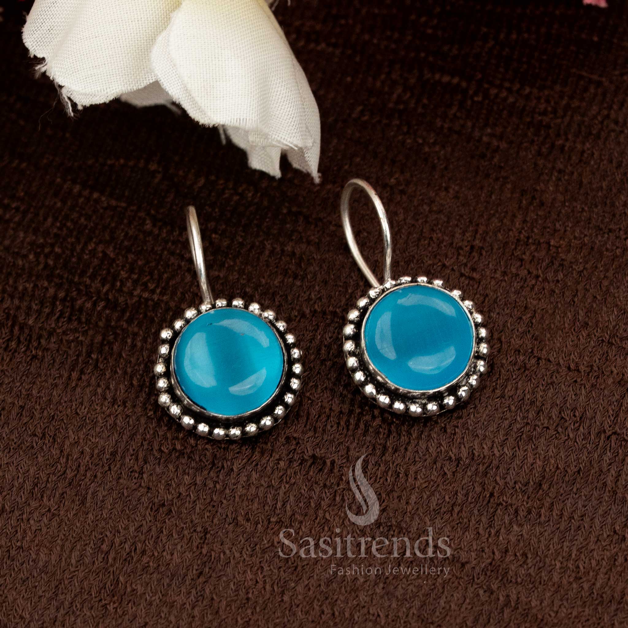 Oxidised Round Turquoise Blue Stone Fish Hook Earrings for women with boho-inspired charm and artisan finish, elegant daily wear jewellery from Sasitrends