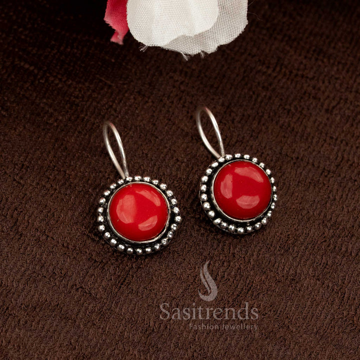 Elegant Oxidised Round Red Natural Stone Fish Hook Earrings for women with handcrafted tribal artistry and silver finish — perfect daily wear jewellery from Sasitrends