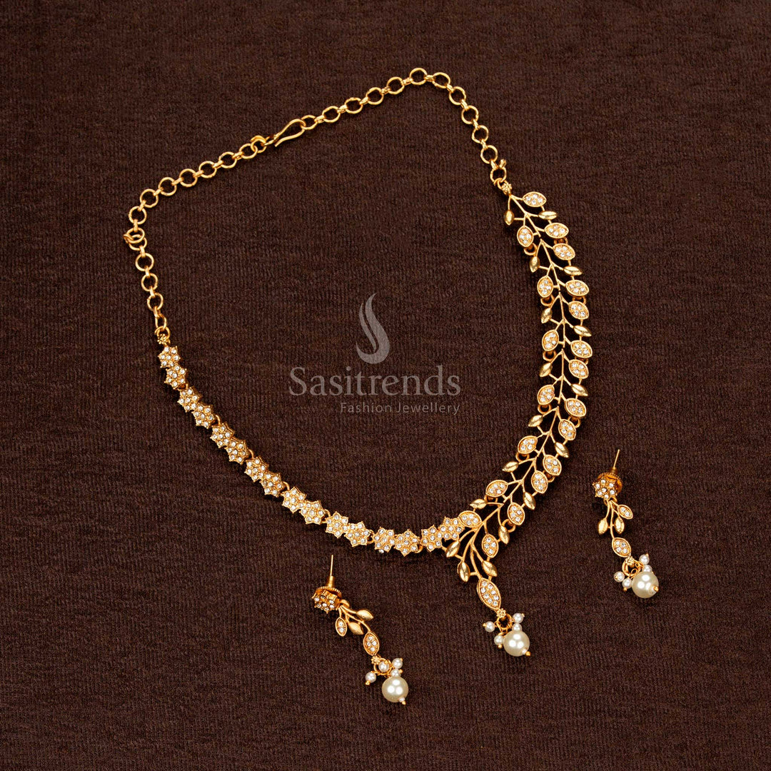 Traditional temple-style necklace with asymmetric leaf vine detailing and pearl accent - Sasitrends
