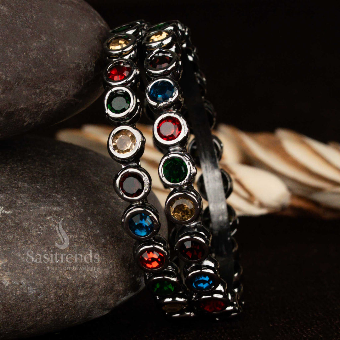 Vibrant multicolour stone oxidised black metal bangles with detailed floral engravings and a traditional oxidised finish, ideal for adding a pop of colour to any festive attire – Sasitrends