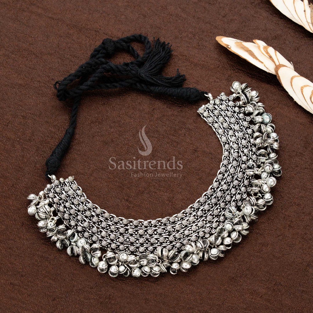 Oxidised German Silver Jhumka Cluster Choker Necklace for Navaratri Saree Wear – Sasitrends